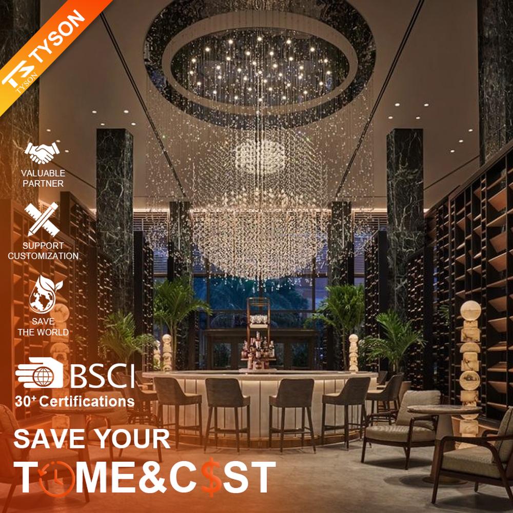 This is a large luxurious starry sky hanging crystal chandelier, supported by a circular metal frame with densely hanging crystal beads, presenting a brilliant starry effect, with both decorative and lighting functions, ideal for high-ceiling commercial spaces such as hotel lobbies and high-end clubs.
