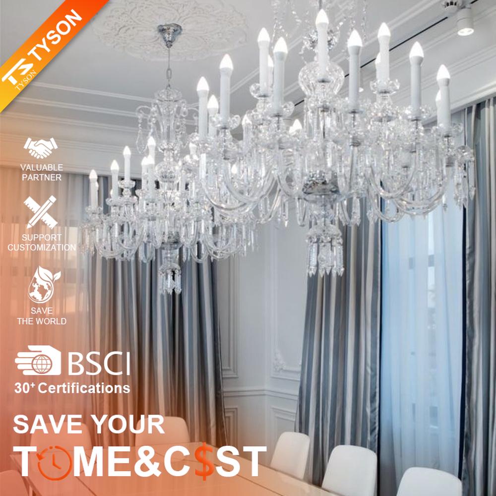 This is a European court-style large chandelier, composed of densely packed transparent crystal pendants and candle-style lamp arms, brilliant and luxurious, with both decorative and lighting functions, ideal for high-end indoor spaces such as villa living rooms and banquet halls.