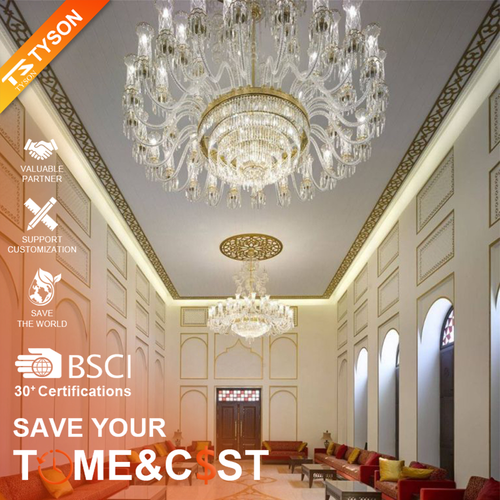 This Islamic-style large multi-layer crystal chandelier features a luxurious shape made of a gold metal frame and faceted crystals, with light refracting a brilliant halo through the crystals, serving both lighting and decorative purposes, suitable for luxurious religious or commercial spaces such as mosques and high-end hotel lobbies.