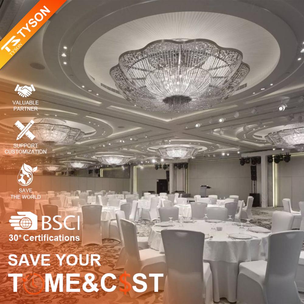 This large petal-shaped crystal ceiling lamp consists of radial crystal strips forming a hollow petal shape, with light refracting a brilliant halo through it, serving both lighting and decorative purposes, suitable for high-end luxury spaces such as hotel banquet halls and large clubs.