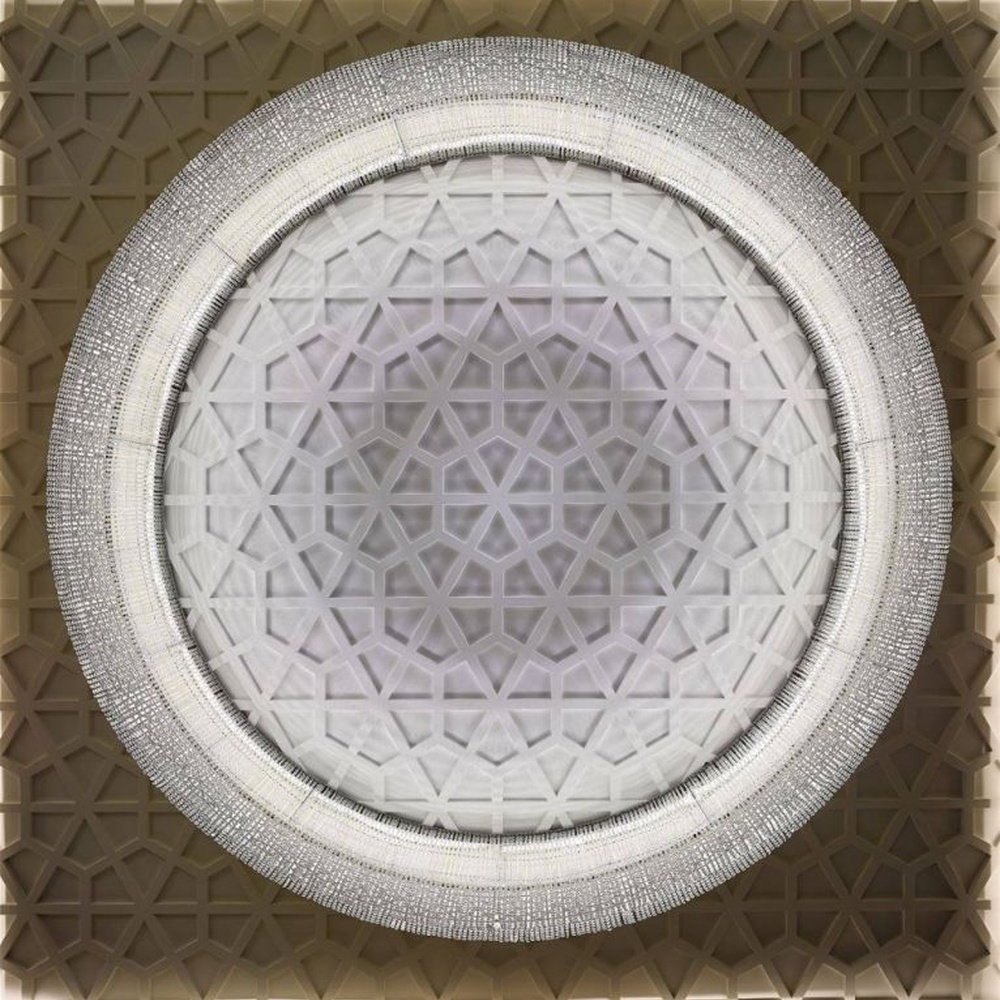 This large multi-layer round crystal ceiling lamp features a gold metal frame paired with multi-layer crystal tassels and a geometric texture lampshade, with light refracting a brilliant halo through the crystals, serving both lighting and decorative purposes, suitable for large high-end commercial spaces such as hotel banquet halls and conference centers.