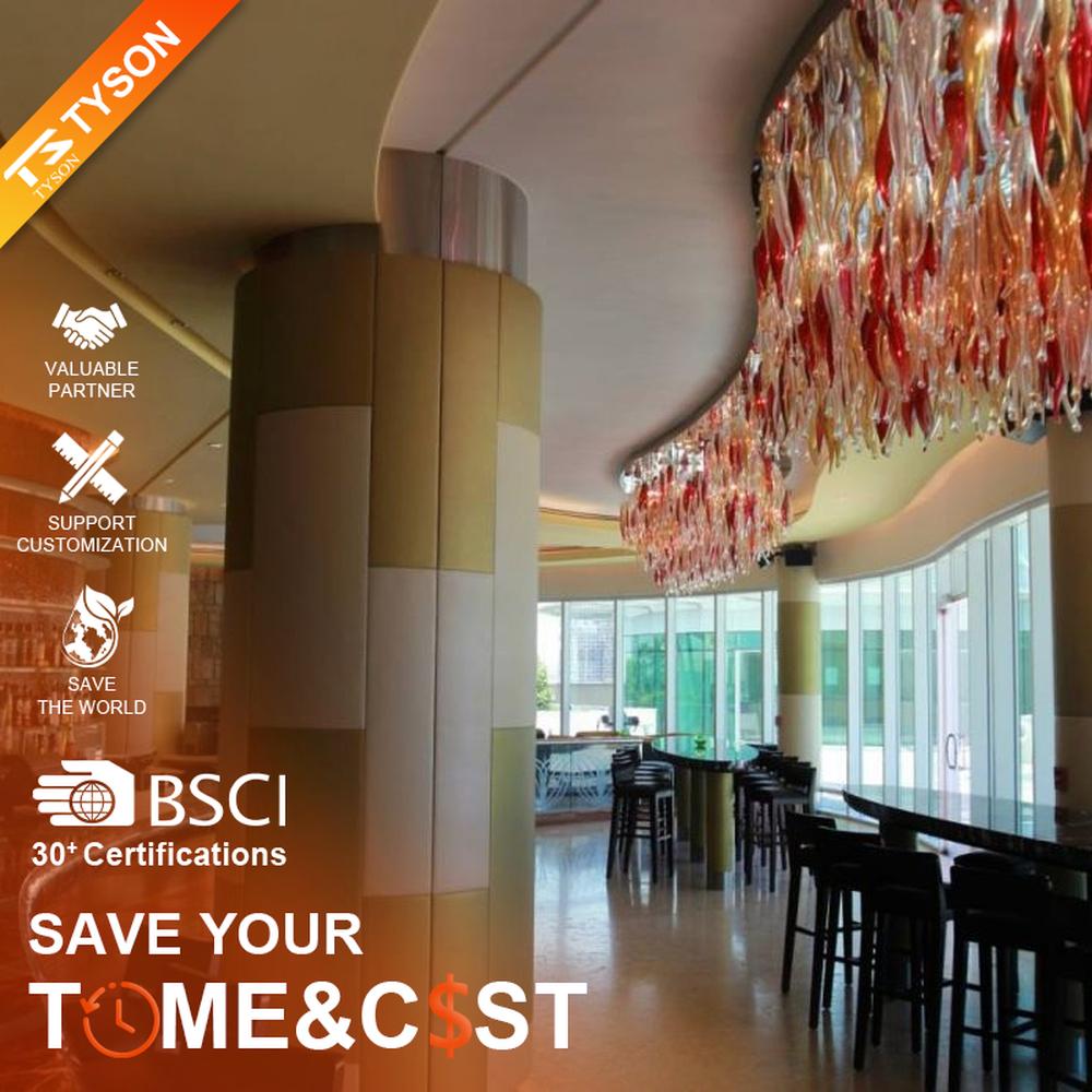 This red-gold gradient liuli leaf art chandelier is made of liuli leaf-shaped ornaments, layered into an arc-shaped drooping shape, with light refracting a colorful halo through it, serving both lighting and installation art purposes, suitable for trendy commercial spaces such as bars and clubs.