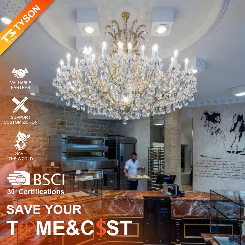 This European court-style multi-layer crystal chandelier features a gold metal frame, paired with faceted crystals and candle-style lamp heads, with light refracting a brilliant halo through the crystals, serving both lighting and decorative purposes, suitable for luxury spaces such as high-end restaurants and clubs.