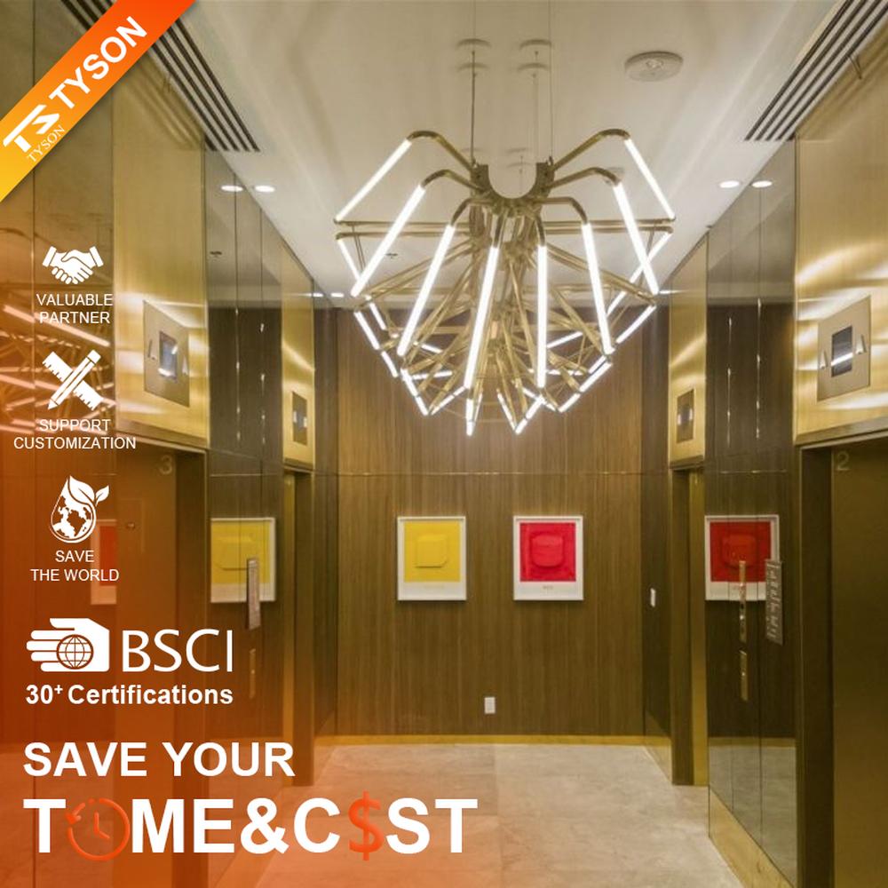 This modern art branch chandelier features an interlaced branch structure made of gold metal, paired with LED strips to form a starburst shape, with soft and visually striking light, serving both lighting and decorative purposes, suitable for high-end modern spaces such as elevator lobbies and clubs.