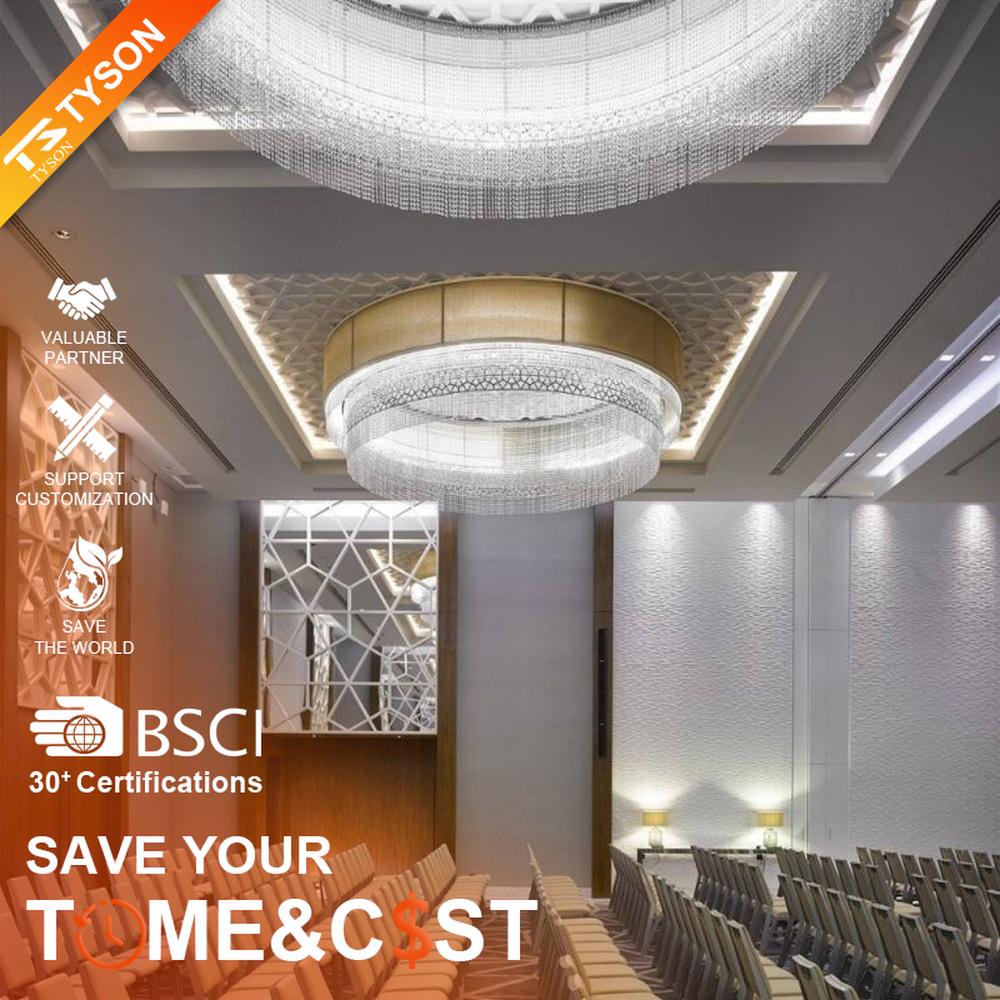 This large multi-layer round crystal ceiling lamp features a gold metal frame paired with multi-layer crystal tassels and a geometric texture lampshade, with light refracting a brilliant halo through the crystals, serving both lighting and decorative purposes, suitable for large high-end commercial spaces such as hotel banquet halls and conference centers.