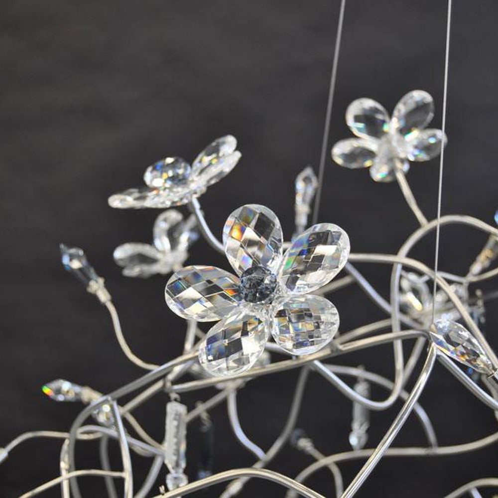 Modern artistic dandelion-shaped chandelier, with metal branches and crystal/glass particles creating a radial spherical structure, featuring bright and soft light, combining decorative and lighting functions, suitable for living rooms, dining rooms, high-end clubs and other modern art style spaces.
