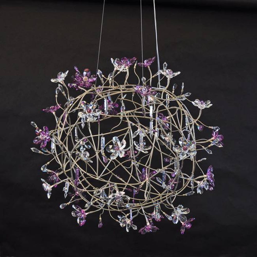 Modern artistic dandelion-shaped chandelier, with metal branches and crystal/glass particles creating a radial spherical structure, featuring bright and soft light, combining decorative and lighting functions, suitable for living rooms, dining rooms, high-end clubs and other modern art style spaces.