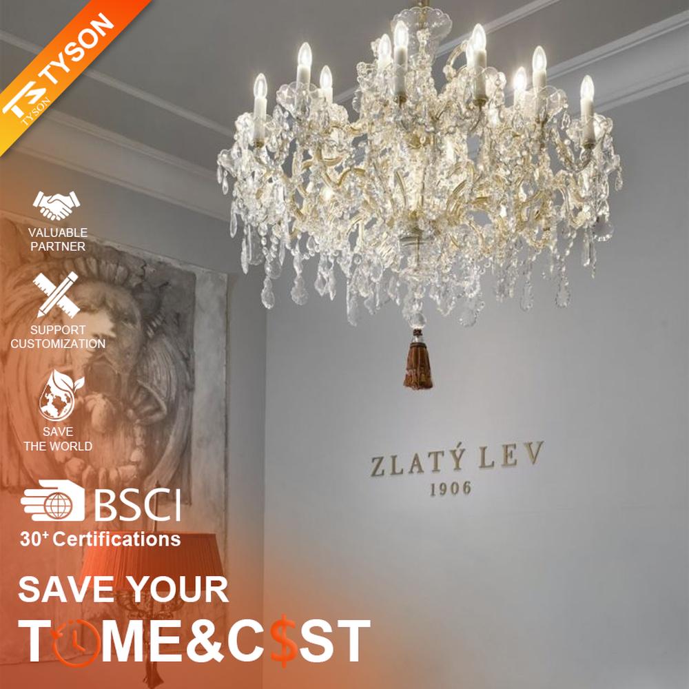 This European court-style multi-layer crystal chandelier features a gold metal frame paired with dense faceted crystals and candle-shaped lamp heads, with light refracting a brilliant halo through the crystals, serving both lighting and decorative purposes, suitable for luxury spaces such as high-end restaurants and hotel lobbies.