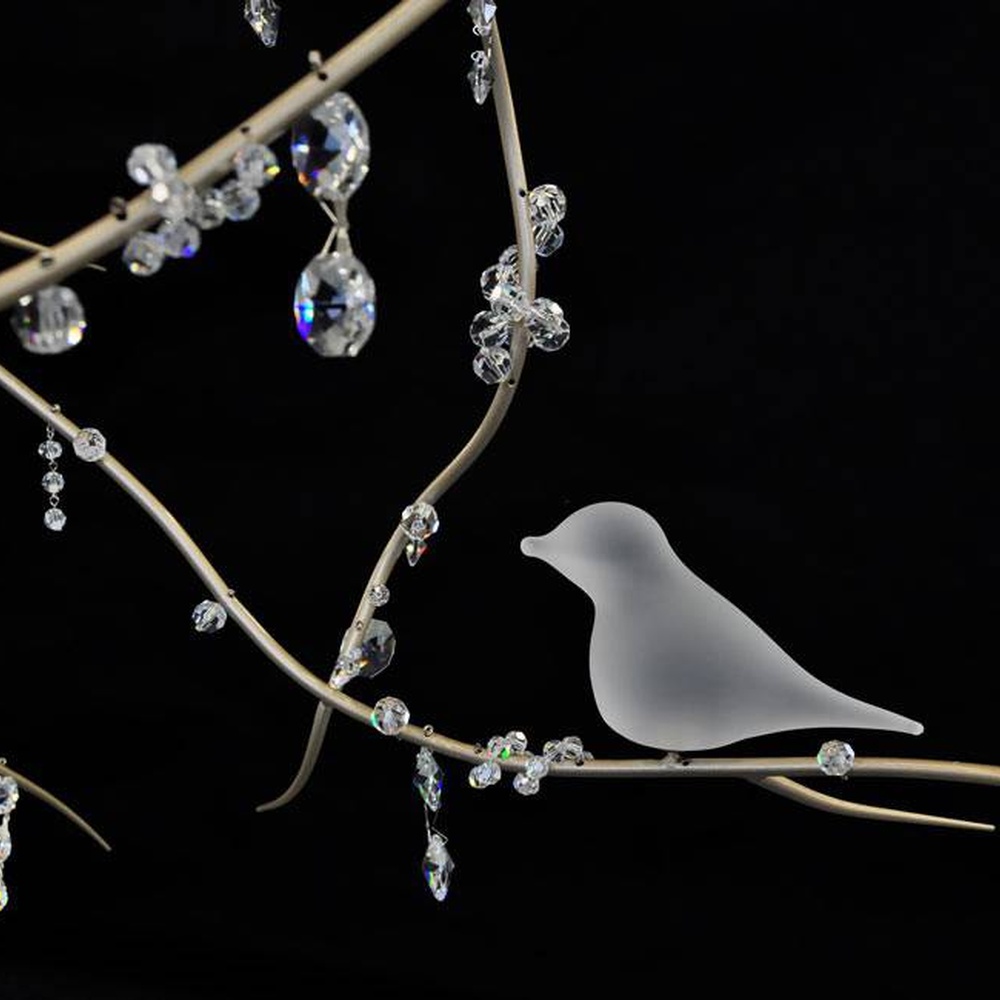 Modern artistic dandelion-shaped chandelier, with metal branches and crystal/glass particles creating a radial spherical structure, featuring bright and soft light, combining decorative and lighting functions, suitable for living rooms, dining rooms, high-end clubs and other modern art style spaces.