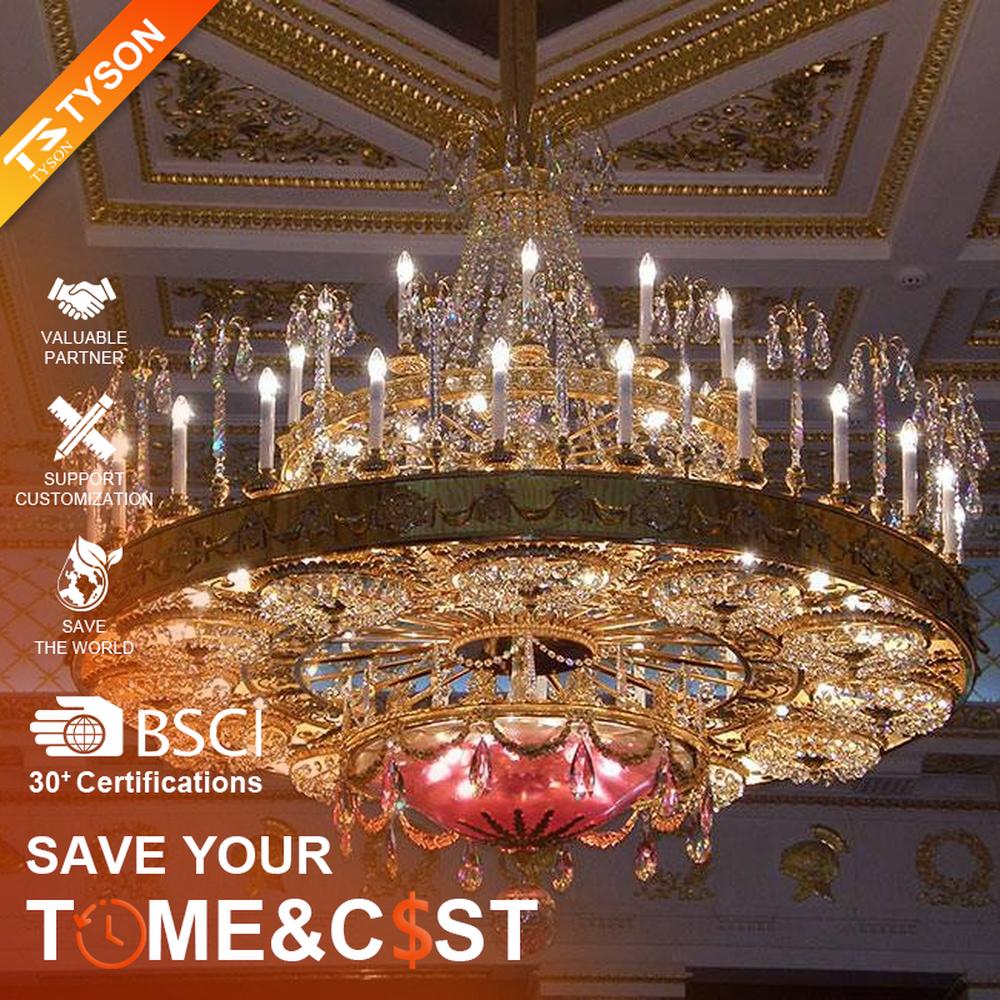 European palace-style multi-layer crystal chandelier, with a golden retro metal frame and brilliant crystal decorations, featuring a gorgeous and solemn appearance, combining main lighting and space decoration functions, suitable for palace exhibition halls, high-end clubs, luxury villas and other European-style spaces.