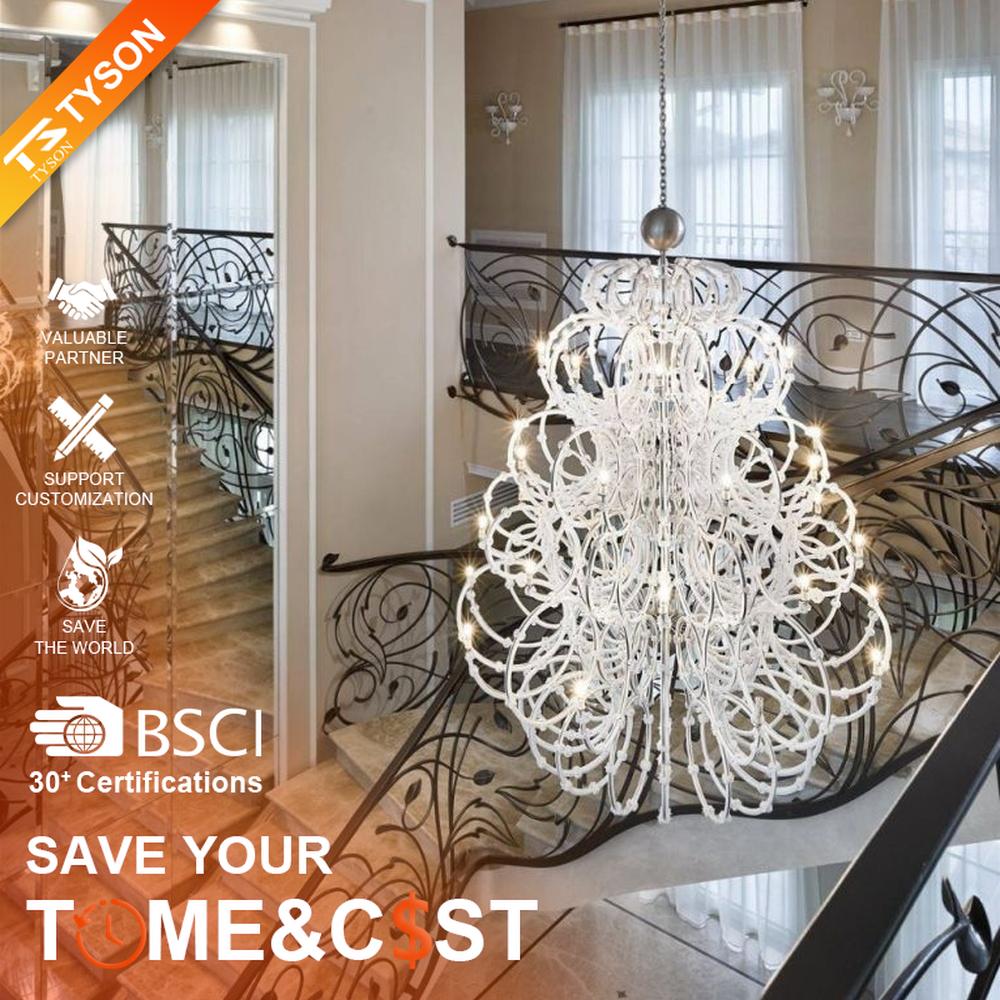 This large white crystal corolla art chandelier is handcrafted with high-transparency glass/crystal into a layered, curled ring structure, forming a blooming corolla shape, with brilliant and soft light, serving both lighting and decorative purposes, suitable for high-end high-ceiling spaces such as villa high-ceiling living rooms and hotel lobbies.
