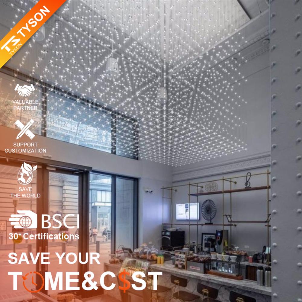 Modern artistic matrix-style hanging crystal lamp group, composed of dense crystal particles/LED beads suspended by thin wires to form a transparent light curtain, combining decorative and ambient lighting functions, suitable for high-ceiling spaces such as hotel lobbies, commercial atriums, and art exhibition halls.