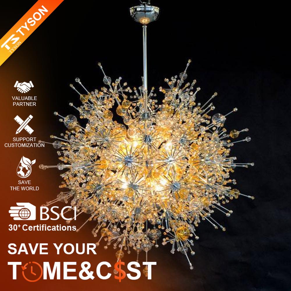 Modern artistic dandelion-shaped chandelier, with metal branches and crystal/glass particles creating a radial spherical structure, featuring bright and soft light, combining decorative and lighting functions, suitable for living rooms, dining rooms, high-end clubs and other modern art style spaces.