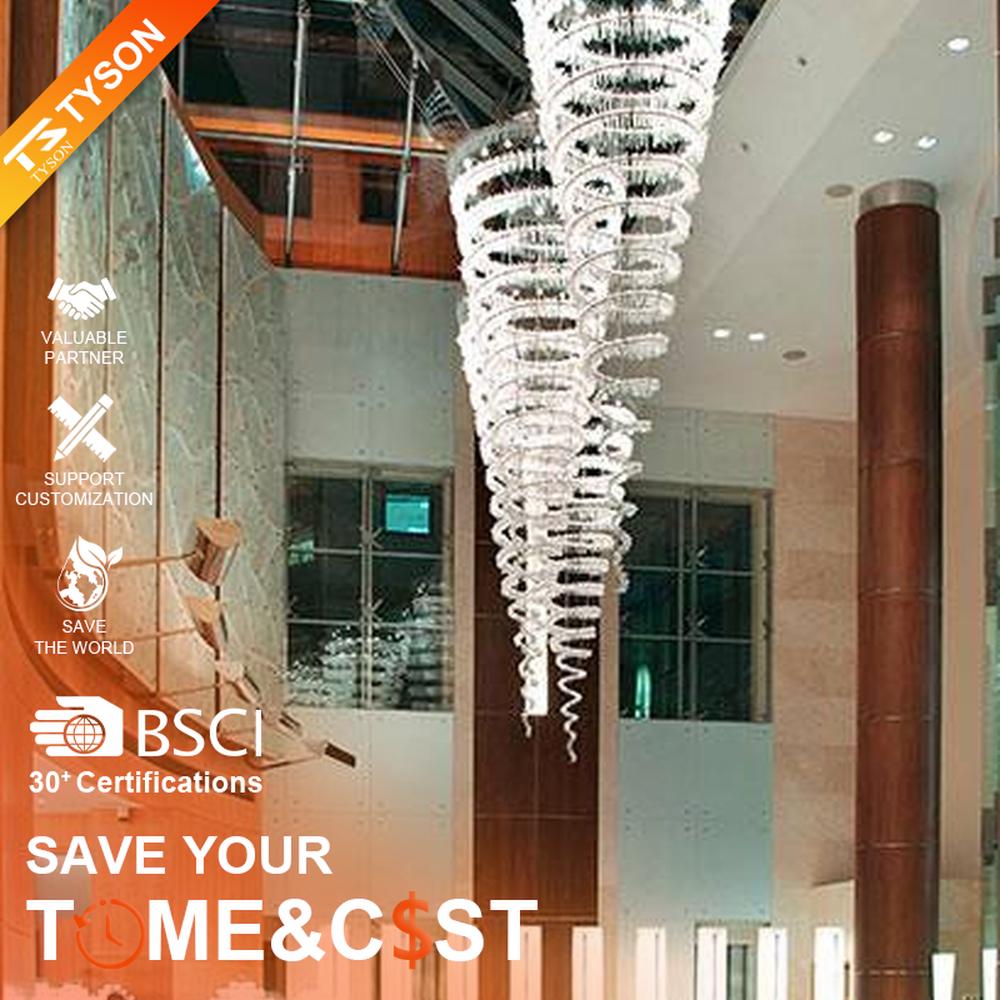 Modern luxury spiral crystal chandelier, made of stacked crystal strips and metal structure to create a suspended tornado shape with strong visual impact. It combines artistic decoration and main lighting functions, suitable for hotel lobbies, high-end clubs, high-ceiling office spaces and other venues.