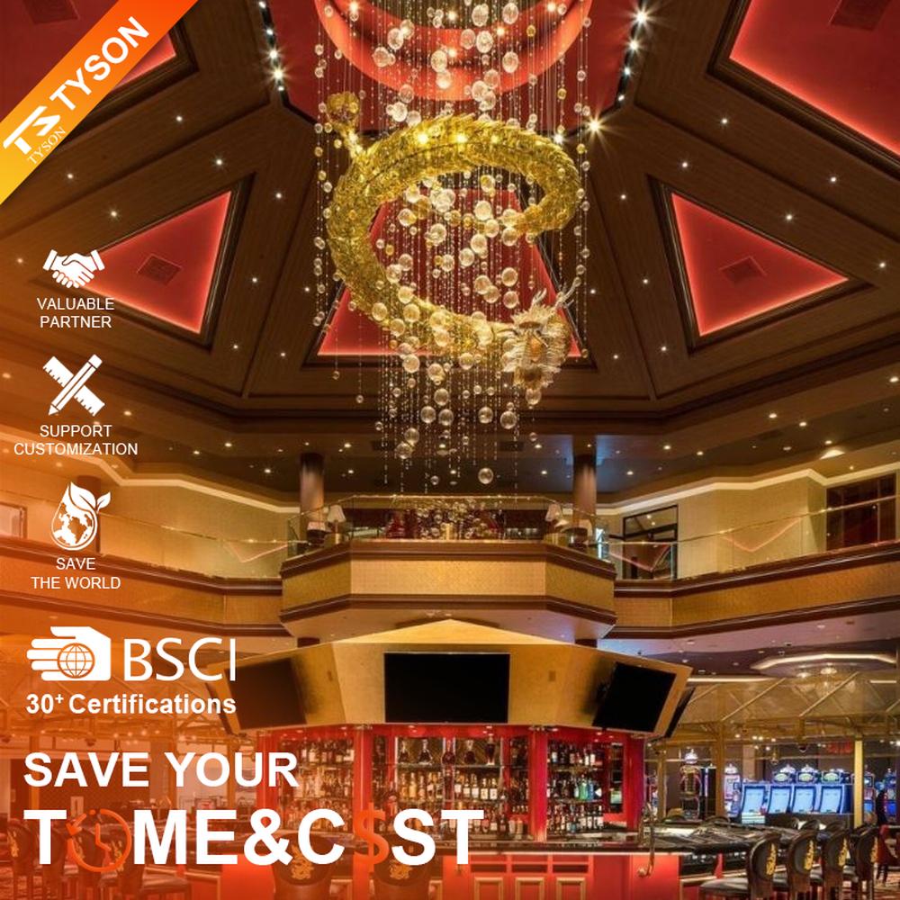 This large multi-layer ring crystal chandelier features a red-gold contrasting metal frame paired with dense crystal beads and gold ring decorations, with dazzling light, serving both lighting and decorative purposes, suitable for luxury commercial spaces such as casinos and high-end clubs.