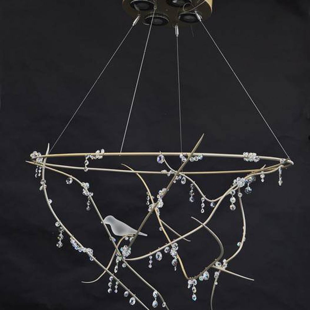Modern artistic dandelion-shaped chandelier, with metal branches and crystal/glass particles creating a radial spherical structure, featuring bright and soft light, combining decorative and lighting functions, suitable for living rooms, dining rooms, high-end clubs and other modern art style spaces.