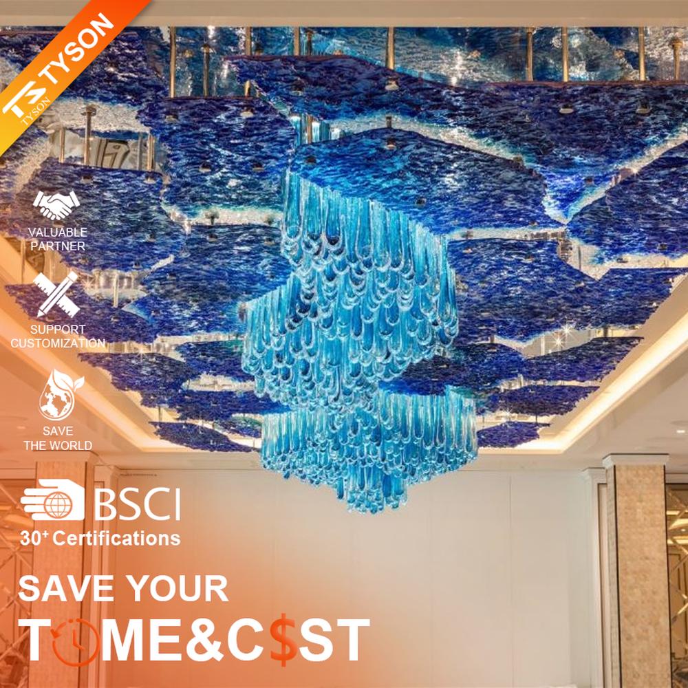 Modern artistic ocean blue gradient crystal ceiling lamp group, made of blue gradient crystal to create a large-area ceiling-mounted structure and central hanging shape, combining decorative and main lighting functions, suitable for large-scale commercial spaces such as hotel banquet halls, high-end clubs, and art exhibition halls.