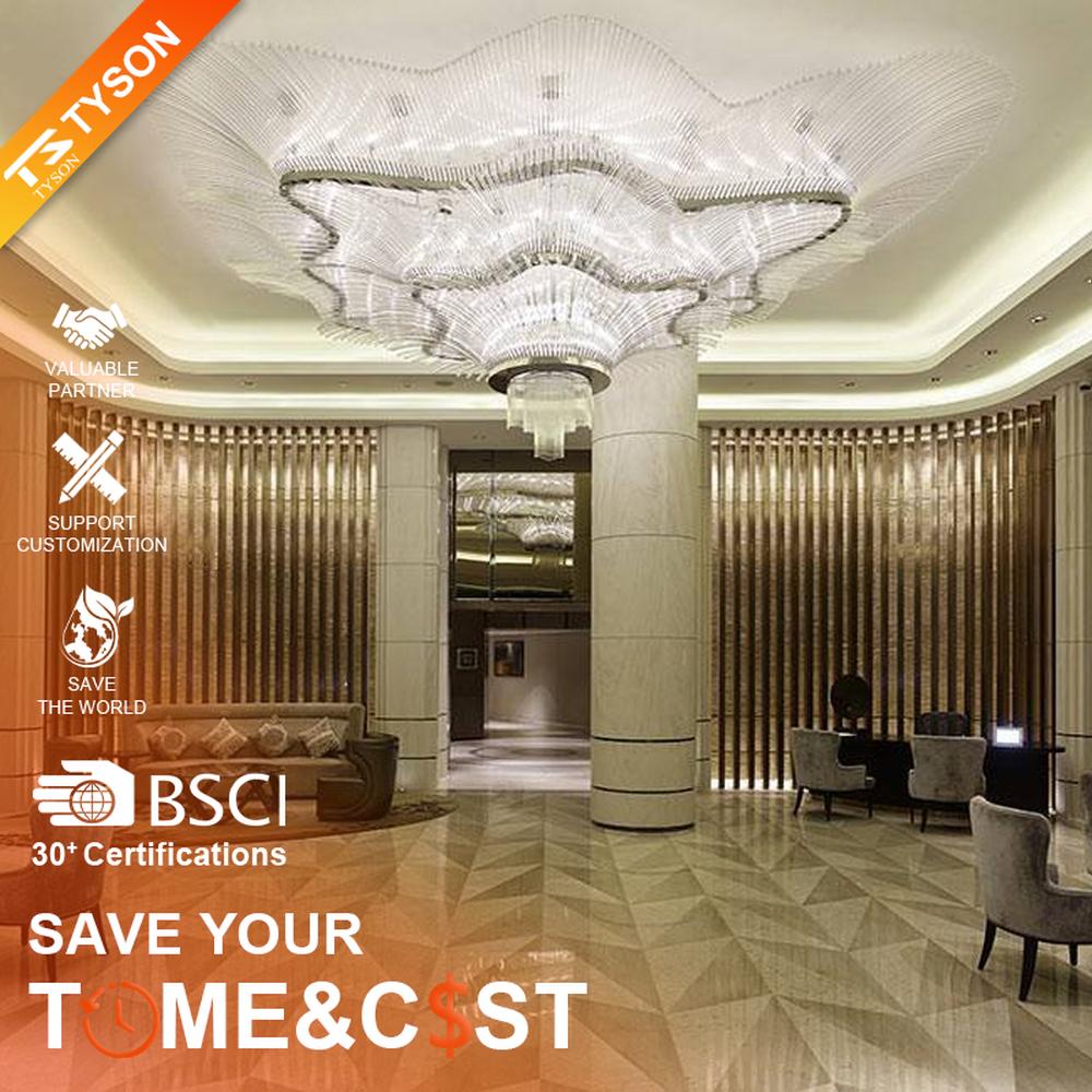 This large wave-shaped crystal ceiling lamp consists of dense high-transparency crystal strips forming a flowing wave pattern, covering the entire ceiling, with soft and brilliant light, serving both lighting and installation art purposes, suitable for large high-ceiling spaces such as hotel lobbies and high-end commercial atriums.