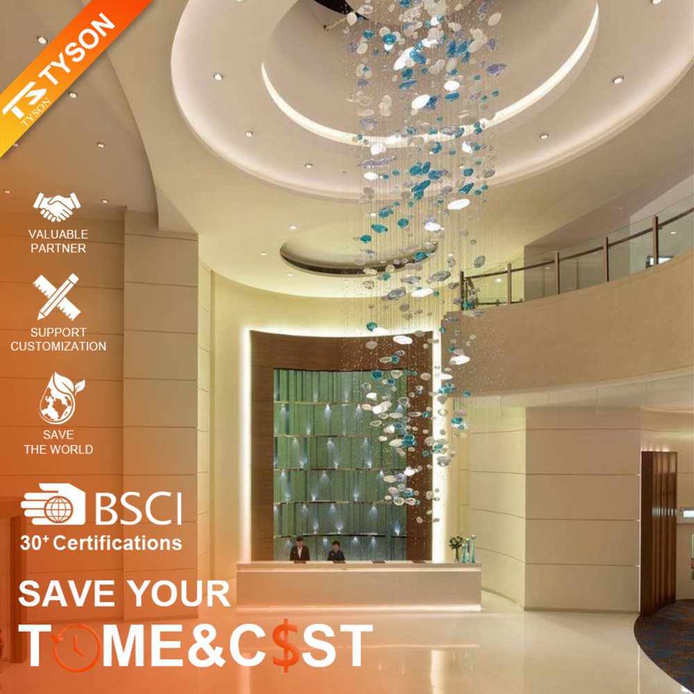 Modern artistic ocean-style hanging chandelier, made of blue-white gradient glass/crystal pieces to create a streamlined bubble shape, combining decorative and main lighting functions, suitable for high-ceiling spaces such as hotel lobbies and high-end clubs.