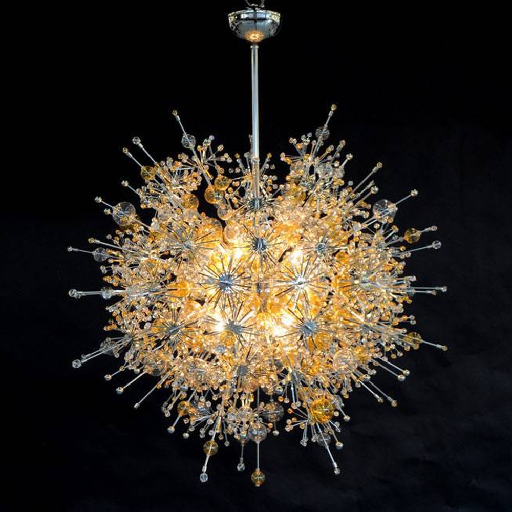 Modern artistic dandelion-shaped chandelier, with metal branches and crystal/glass particles creating a radial spherical structure, featuring bright and soft light, combining decorative and lighting functions, suitable for living rooms, dining rooms, high-end clubs and other modern art style spaces.