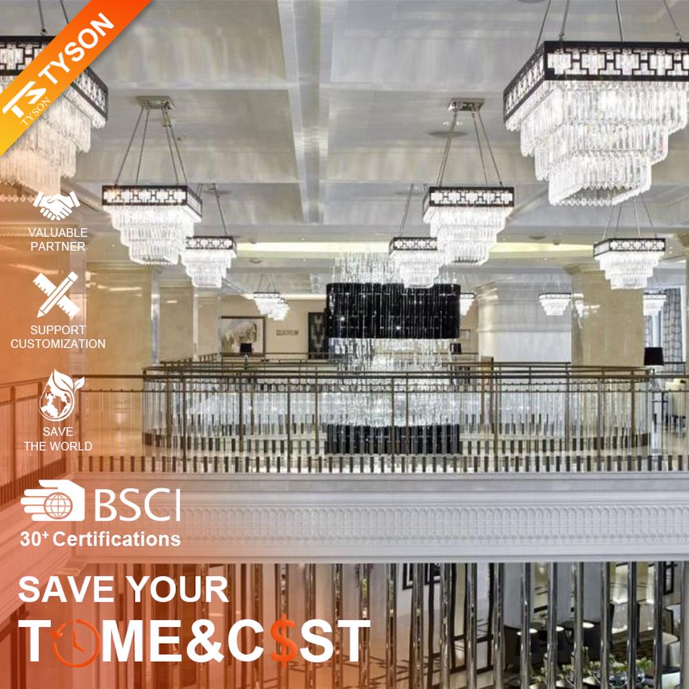 Modern light luxury rectangular multi-layer crystal chandelier, with a black-framed metal frame and layered transparent crystal strips, featuring bright and soft light, combining decorative and lighting functions, suitable for hotel lobbies, high-end clubs, commercial atriums and other high-ceiling commercial spaces.