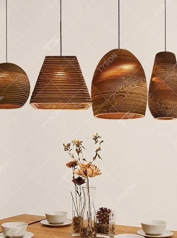 This is a set of natural artistic paper chandeliers, featuring various geometric shapes made of corrugated paper with brown textures, simple and natural, and artistic in design. It is used for space lighting and decoration, creating a natural and artistic atmosphere. It is suitable for Nordic-style home dining rooms, creative cafes, art studios and other places.