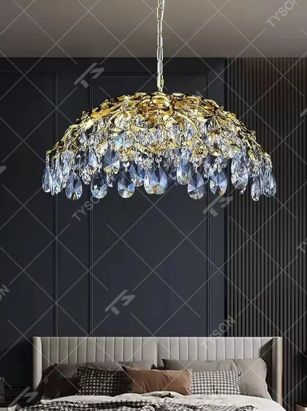 This is a luxurious arc-shaped crystal chandelier, composed of numerous translucent crystal components. It has a full and layered shape, dazzling under the light, showing a luxurious texture. It is used for space lighting and artistic decoration, combining practicality and decorativeness to enhance the luxurious atmosphere of the space. It is suitable for high-end residential living rooms, luxury hotel lobbies, high-end restaurants, private clubs and other high-end places.