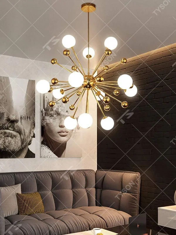 This is a modern molecular-style chandelier with a golden metal frame in a radial design, paired with multiple white spherical lampshades. It features a simple and stylish design with artistic sense. It is used for space lighting and decoration, creating a modern luxury ambiance. It is suitable for modern home living rooms, luxury apartment living areas, creative studios and other places.