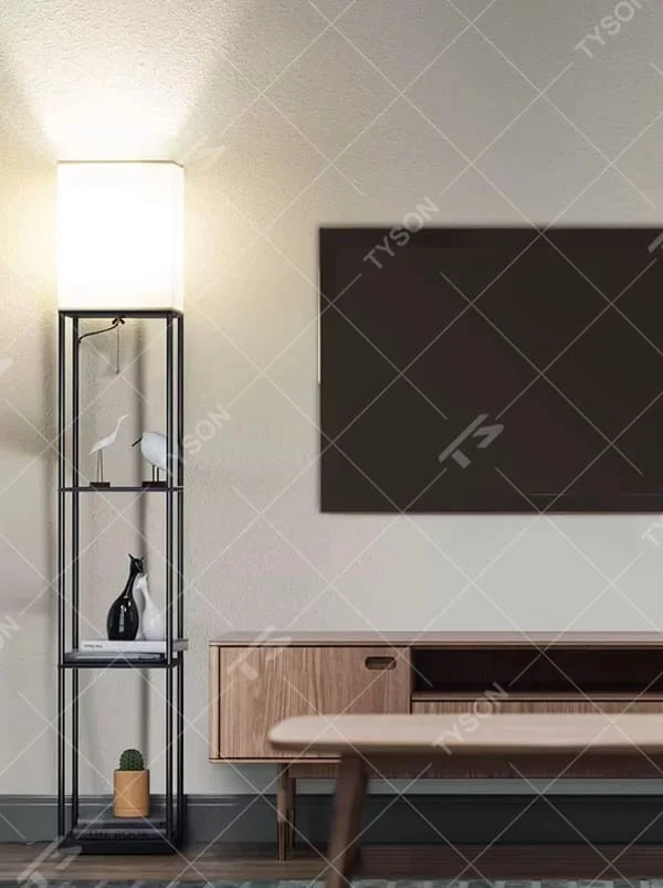 This is a multifunctional shelf floor lamp, with an industrial-style wooden frame and a square lampshade, built-in three-layer shelf, supporting three color temperatures switching (5000K white daylight, 4000K bright yellow, 2700K warm light), integrating lighting and storage functions. It is used for space lighting, decoration and storage, creating a practical and stylish atmosphere. Suitable for modern minimalist home living rooms, studies, bedroom corners and other places.