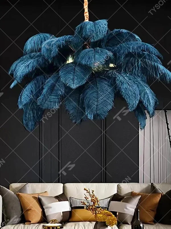 This is an artistic feather-shaped chandelier with layered dark blue feathers, featuring luxurious artistic sense. It is used for space lighting and decoration, creating a romantic and luxurious atmosphere. It is suitable for luxury-style home living rooms, art clubs, high-end homestays and other places.