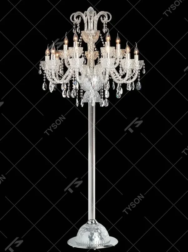 This is a European court luxury crystal floor lamp, made of full crystal material, with multi-layer crystal ornaments and candlestick-shaped lamp heads, featuring a brilliant and luxurious design with strong court luxury texture. It is used for space lighting and decoration, creating a high-end luxurious atmosphere. It is suitable for villa living rooms, high-end hotel banquet halls, European-style clubs and other places.