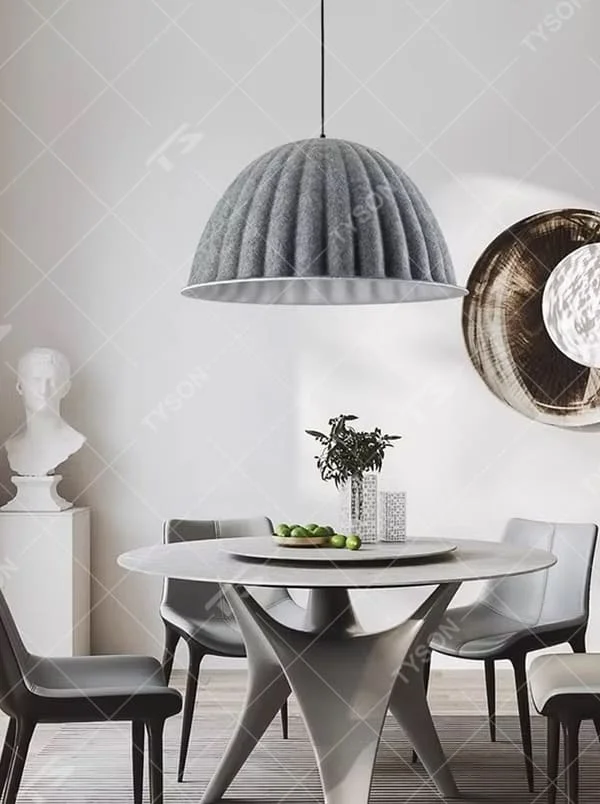 This is a modern minimalist gray striped dome chandelier, with a gray striped dome shape, featuring a minimalist and grand design, modern style. It is used for space lighting and decoration, creating a minimalist modern atmosphere. It is suitable for modern minimalist restaurants, Nordic-style home living rooms, office leisure areas and other places.