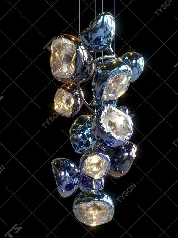 This is an artistic gem-shaped chandelier with blue-black metallic gem-like lampshades distributed in a branch-like structure, featuring a modern artistic design with strong luxury sense. It is used for space lighting and decoration, creating a modern artistic luxury atmosphere. It is suitable for modern luxury home living rooms, high-end commercial exhibition halls, art soft decoration spaces and other places.