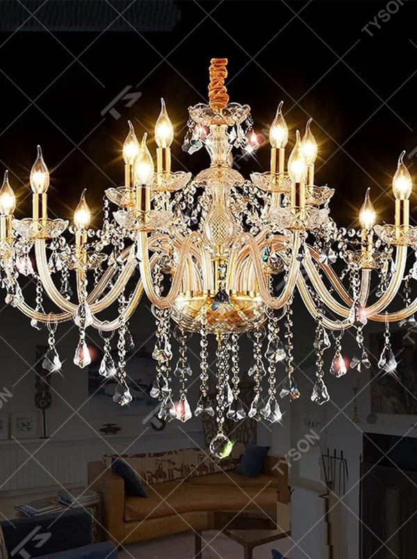This is a European-style luxury crystal chandelier with multi-layer crystal ornaments and candlestick-shaped lamp heads, featuring a brilliant and luxurious design. It is used for space lighting and decoration, creating a luxurious and grand atmosphere. It is suitable for villa living rooms, high-end hotel banquet halls, European-style clubs and other places.