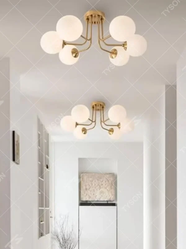 This is a Nordic modern luxury spherical ceiling light, with a golden metal branched stand and multiple white spherical frosted lampshades, featuring a minimalist modern design and strong luxury sense. It is used for space lighting and decoration, creating a warm modern luxury atmosphere. It is suitable for modern luxury home living rooms, Nordic-style bedrooms, designer studios and other places.