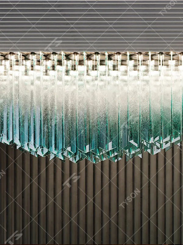 This is a modern artistic gradient crystal chandelier with layered blue-green gradient crystal strips, featuring strong visual impact and modern sense. It is used for space lighting and decoration, creating a high-end luxurious atmosphere. It is suitable for high-end hotel lobbies, commercial exhibition halls, luxury clubs and other places.