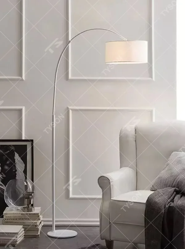 This is a modern minimalist black arc fabric floor lamp, with a black metal arc pole paired with a black fabric round lampshade. It features a minimalist and grand design, with soft lighting. It is used for space accent lighting and decoration, creating a modern minimalist atmosphere. Suitable for modern minimalist living rooms, Nordic-style homes, study corners and other places.