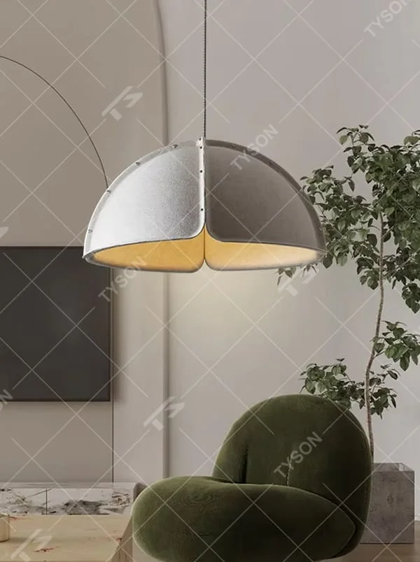 This is a modern minimalist gray spliced dome chandelier, with a gray spliced dome shape, metal rivet details, and an inner warm light design, featuring a minimalist and grand style. It is used for space lighting and decoration, creating a warm and modern atmosphere. Suitable for modern minimalist living rooms, Nordic-style restaurants, creative office areas and other places.