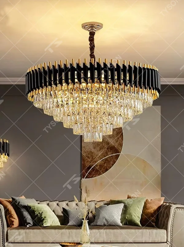 This is a light luxury modern-style black and gold round crystal chandelier, with a black and gold metal frame paired with numerous transparent crystals and black woven hanging ropes. It features a light luxury and grand design, with brilliant lighting. It is used for space lighting and decoration, creating a light luxury high-end atmosphere. Suitable for light luxury-style living rooms, high-end restaurants, luxury villas and other places.