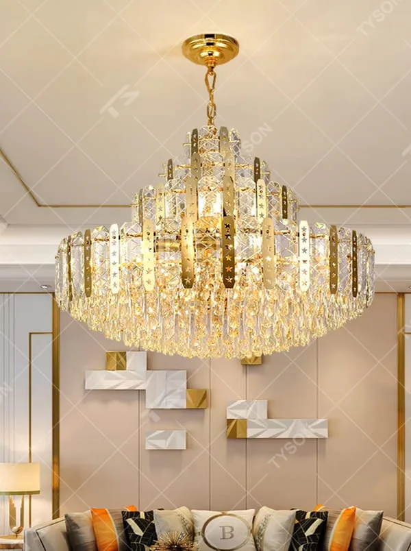 This is a luxurious modern-style golden multi-layer crystal chandelier, with a golden metal frame paired with numerous crystals (with star-shaped and other decorative details). It features a grand and luxurious design, with brilliant lighting. It is used for space lighting and decoration, creating a high-end luxurious atmosphere. Suitable for luxury villa living rooms, high-end hotel lobbies, light luxury-style banquet halls and other places.