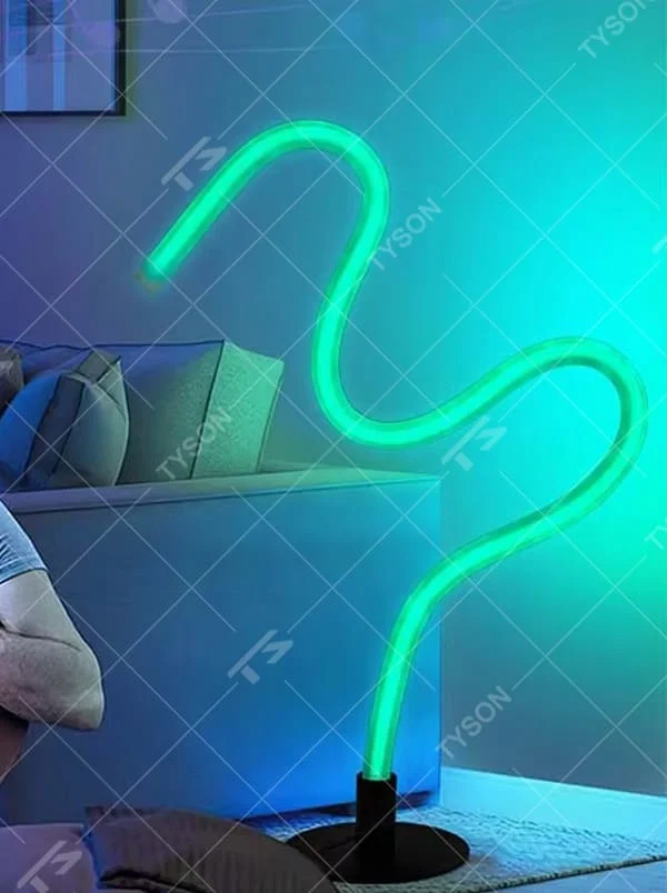 This is a modern creative bendable neon floor lamp, featuring a freely shapeable neon light strip with cool lighting colors (fluorescent green in the picture), paired with a black base. The design is full of creativity and personality, with a strong lighting atmosphere. It is used for space ambient lighting and decoration to create a trendy and personalized atmosphere. Suitable for modern-style living rooms, internet-famous check-in rooms, music studios, streetwear stores and other places.