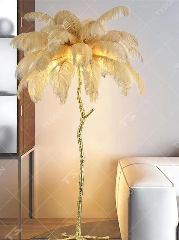 This is a luxurious artistic white feather-shaped floor lamp, with a golden branch-shaped metal bracket and numerous white ostrich feathers. It features a romantic and luxurious design, with warm and soft lighting. It is used for space ambient lighting and decoration, creating a romantic artistic atmosphere. Suitable for light luxury-style bedrooms, internet-famous check-in shops, art homestays and other places.