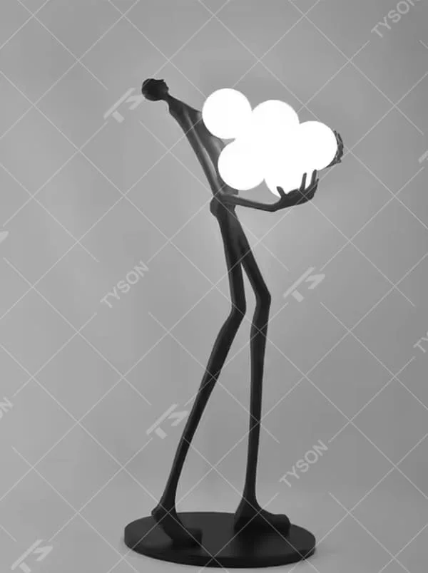 This is an artistic installation-style figure sculpture floor lamp, with a black figure sculpture sitting on a white marble base, holding a circular luminous lamp with both hands, featuring strong artistic sense. It is used for space lighting and artistic decoration, creating a modern artistic atmosphere. Suitable for art exhibition halls, high-end hotel lobbies, corners of modern art home living rooms and other places.
