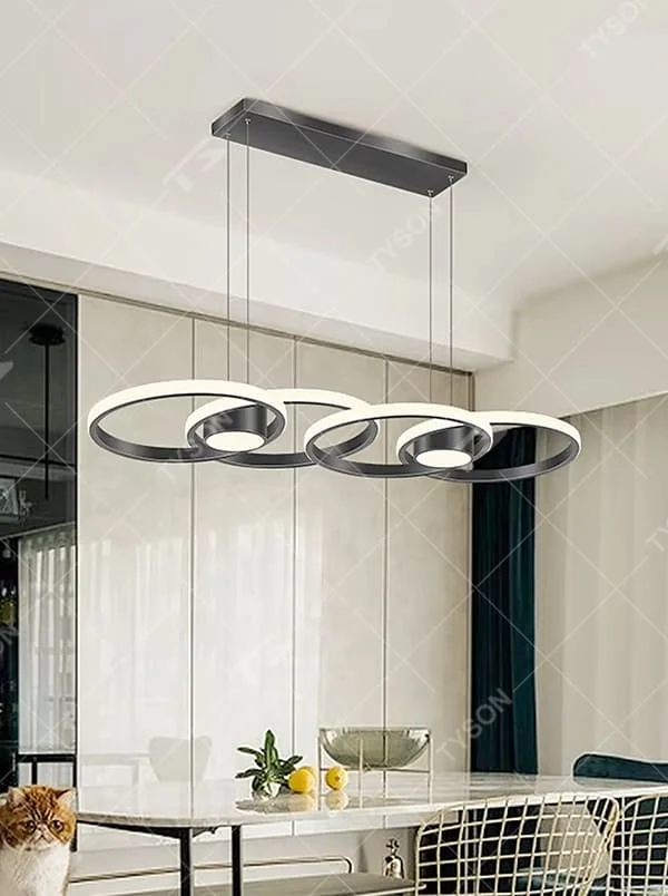 This is a modern minimalist multi-layer ring suspended chandelier, with black frames paired with white light sources, a staggered multi-layer ring shape, soft and even lighting, creating a minimalist high-end space atmosphere.