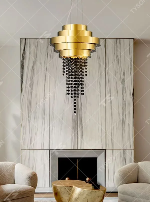 Modern light luxury gold-top black crystal string chandelier, golden multi-layer ring top + black crystal string decoration, brilliant and high-end lighting, creating a luxurious texture space atmosphere.