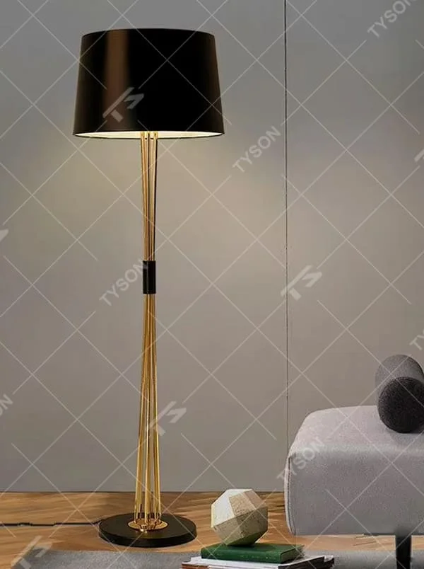 Light luxury black-gold multi-rod floor lamp, black conical lampshade + golden multi-thin rod lamp pole + black decorative ring, soft lighting, creating a high-end minimalist atmosphere.