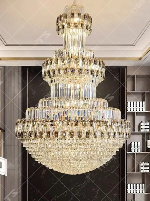 Luxurious multi-layer crystal tower chandelier, golden metal frame paired with transparent crystals, layered increasing shape, brilliant and gorgeous lighting, creating a high-end luxurious space atmosphere.