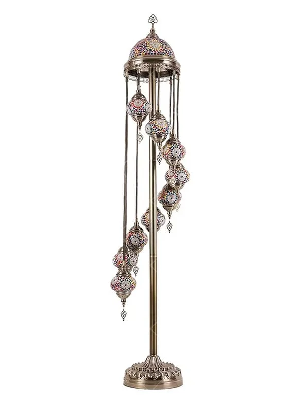 This is an exotic Turkish mosaic floor lamp, with a retro metal stand paired with a dome decoration, hanging multiple colorful mosaic glass balls. The light through the glass presents a soft and colorful effect, creating a strong exotic atmosphere.