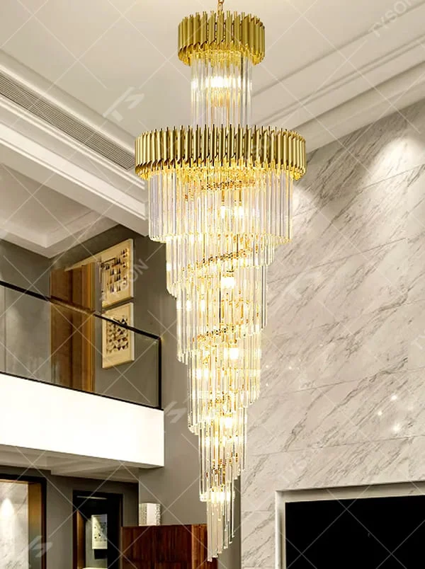Luxurious multi-layer golden frame crystal high-ceiling chandelier, decorated with pendant transparent crystals, brilliant and gorgeous lighting, creating a high-end luxurious atmosphere.