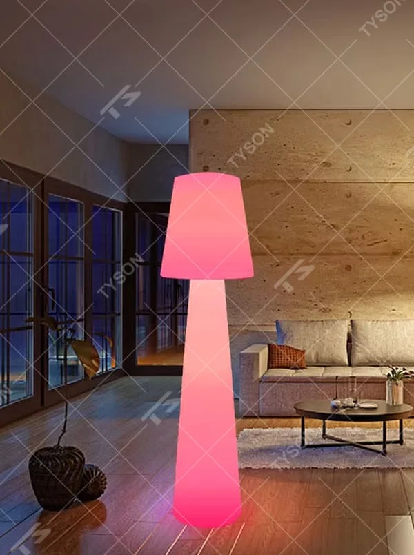 This is a modern ambiance-style fully luminous cone floor lamp, made of bright pink light-transmitting material to create a "small-top-large-bottom" cone shape. With a fully luminous design, its lighting is soft and bright-colored, creating a lively and fashionable space atmosphere.